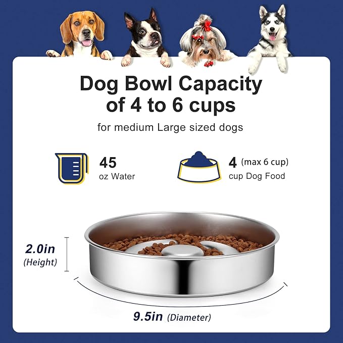 Stainless Steel Non Slip Slow Feeder Dog Bowl, 4 Cup Metal Dog Food Bowl for Medium and Large Dogs, Slows Down Fast Eating Pets, Fun Bloat Stop Pet Bowl