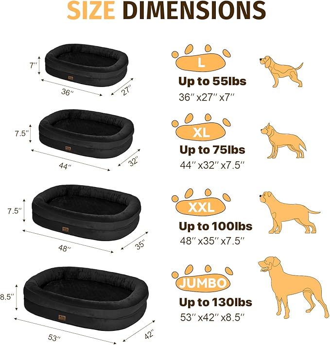 Orthopedic Washable Large Dog Bed: Memory Foam Waterproof Pet Bed with Bolsters - Removable Washable Cover for XL XXL Extra Large Sized Dog Bed - Non-Slip Bottom - Black