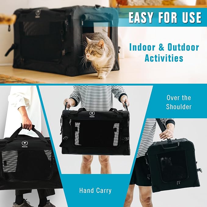 Extra Large Cat Carrier for Car Travel, Pegic Soft Sided Collapsible Pet Carrier for Outdoor and Indoor Uses, Roomy Cat Carrier for 2 Kittens, Large Cat or Puppies Up to 50lbs (Black)