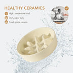 Ceramic Raised Slow Feeder Dog Bowl Set, Elevated 5.1inch Bowl and 6.1inch Slow Pet Food Dish with Wooden Stand for Small Dog and Cat (2 x Beige+ Stand)