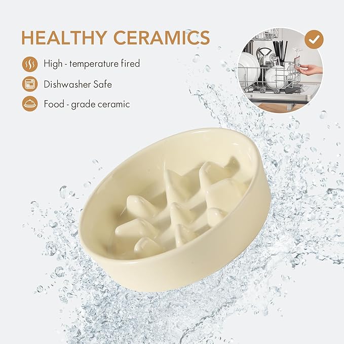 Ceramic 7.3 inch Dog Bowl Slow Feeder, Slow Pet Food Dish for Medium and Small Dog, Stop Bloat, Preventing Choking(Single Bowl, Beige)