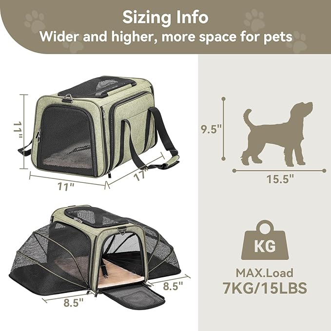 Petsfit Expandable Cat Dog Carrier Airline Approved, 17" L x 11" W x 11" H Soft-Sided Portable Pet Travel Carrier for Kitten, Puppy, Removable Soft Plush Mat and Pockets, Auto-Locking Zippers