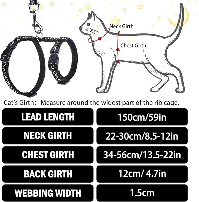 PUPTECK Adjustable Cat Harness and Leash Set Escape Proof Kitten Strap Collar for Walking Travel, Moon&Star, M