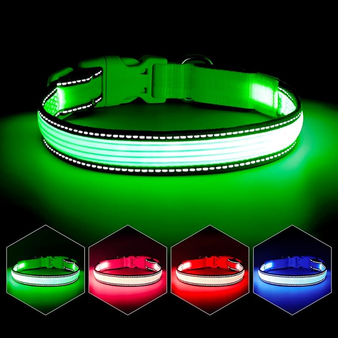 YFbrite Full Adjustbale LED Dog Collar, Full Illuminated Light up Dog Collars, Reflective Dog Collar Light Glowing in The Dark for All Dogs Safety (Large, Green-2)