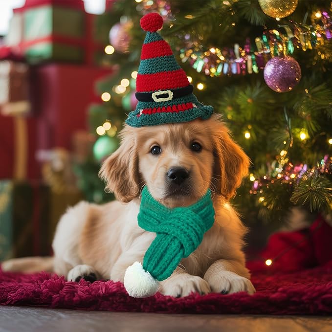 2 Pcs Cat Christmas Costume Cat Santa Hats with Scarf Pet Hat Scarf Set Pet Christmas Outfit Party Costume Supplies for Cats Small Dogs Puppy Accessories(Green,Belt Style)