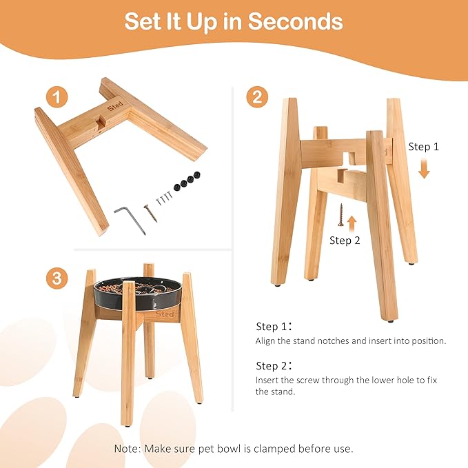 Sted Elevated Dog Bowl for Large Dogs, 100% Bamboo Single Raised Dog Bowl Stand with Adjustable Width 7.5-11 Inches, 13" Tall Dog Food Bowl and Water Bowls Stands