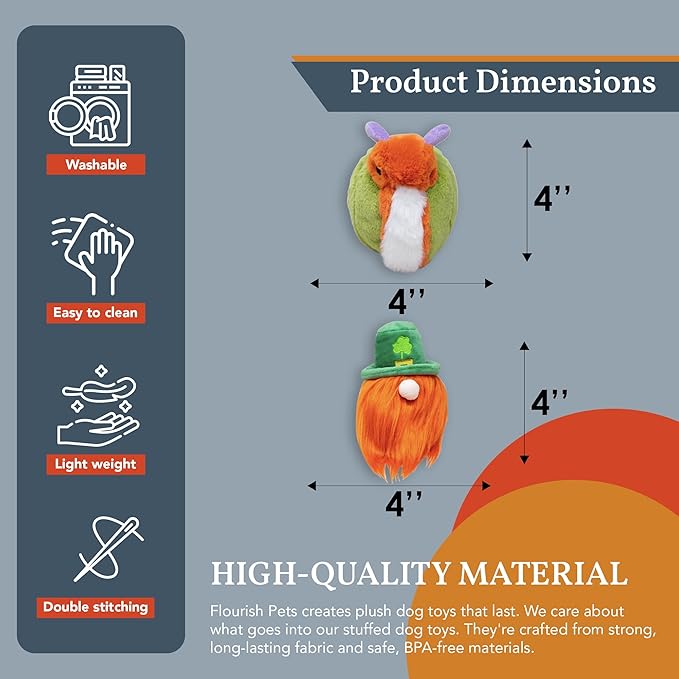 Flourish Pets 2 in 1 Multi-Layer Chew Toy for Active Dogs | Non-Toxic BPA Free Double Stitched Soft Fabric Exterior Dog Toys | Long-Lasting Dog Plush Toys – Leprechaun Snail 3.5" (2 Pack)