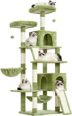Cat Tree for Indoor Cats, 71'' (180cm) Multi-Level Cat Tower for Large Adult, Sturdy Cat Tree House with 2 Scratching Boards 7 Posts, 2 Plush Perches/Condos, Hammock, Green GCT032GR
