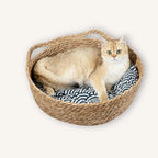 Woven Cat Bed for Indoor Cat,Straw Cat Nest- Wicker Bed for Cat/Dog/Pet with Cushion, Pillow, and Bamboo Mat - Handmade Cat House - Large Cat Basket Bed, Rattan Cat Bed