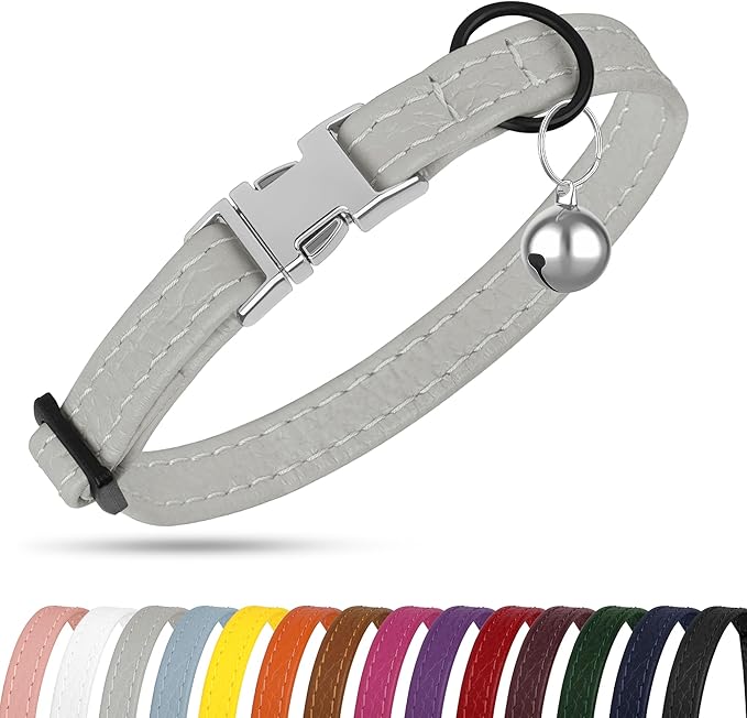 Leather Cat Collar with Buckle and Removable Bell - Non Breakaway Adjustable Soft Safety Small Pet Collars for Girl Boy Cats Kitten (Gray)