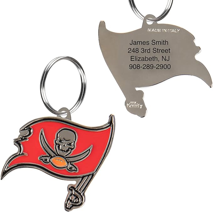 NFL Tampa Bay Buccaneers Engraving Pet ID Tags in 32 Team Logo Shapes Personalized Dog Tags and Cat Tags with 3 Lines of Customizable Text for Tracking & Safety. Stainless Steel Pet ID Tracking Tags