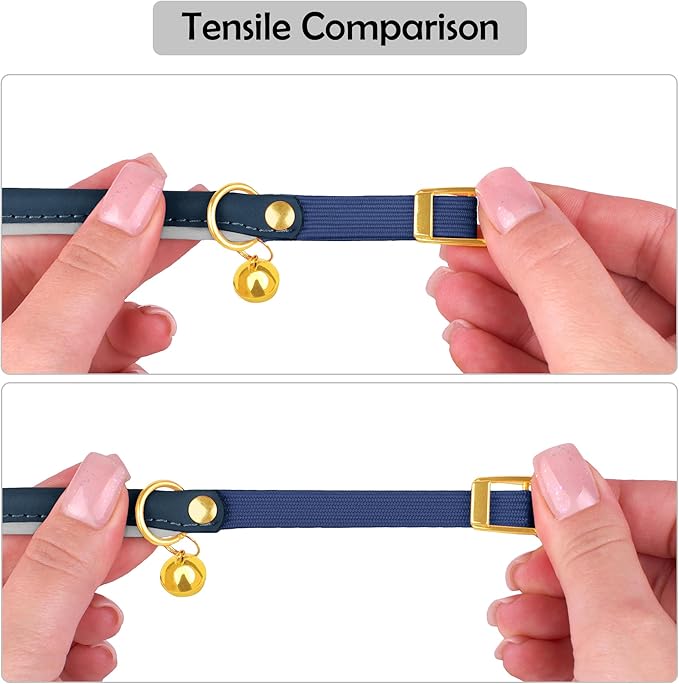 OOPSDOGGY Rolled Leather Cat Collar with Bell - Reflective Kitten Collar with Safety Elastic Strap - Adjustable Small Pet Collars for Boy Girl Cats (Blue)