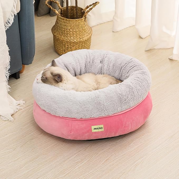 Cat Bed for Indoor Cats,Round Cat Bed for Small Pets,Washable Pet Bed with Non-Skid Bottom,Pet Bed for Puppy and Kitty,19 Inches,Pink