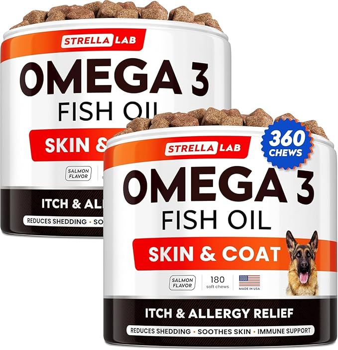 StrellaLab Omega 3 for Dogs - (360Ct) Fish Oil Treats - Allergy & Itch Relief Skin & Coat Supplement - Dry Itchy Skin, Anti Shedding & Hot Spots Treatment - Pet Salmon Oil Chews - Salmon Flavor