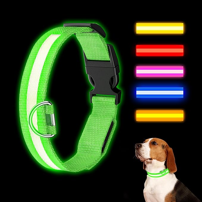 LED Light Up Dog Collar Rechargeable Waterproof, Glow in Dark Dog Collar, Lighted Dog Collars for Night Walking Charging USB, Safety for Small Medium Large Dogs (S, Green)