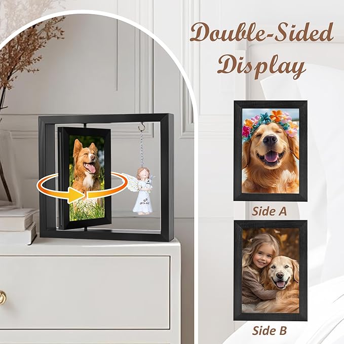 Dog Memorial Gifts for Loss of Dog, Rotating Wooden Picture Frame with Resin Angel Statues for 4x6 Photo, Pet Memorial Gifts for Dog Cat, Pet Loss Sympathy Bereavement Remembrance Keepsake, Black