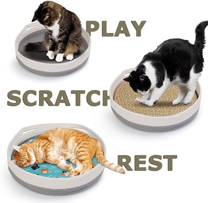 Round Cat Bed for Indoor Cats, Cat Basket Bed, Wicker Cat Donut Beds, Cooling Cat Nest for Summer Sleeping, Washable Pet Pad for Cat Scratching,Grey with Scratching Pad