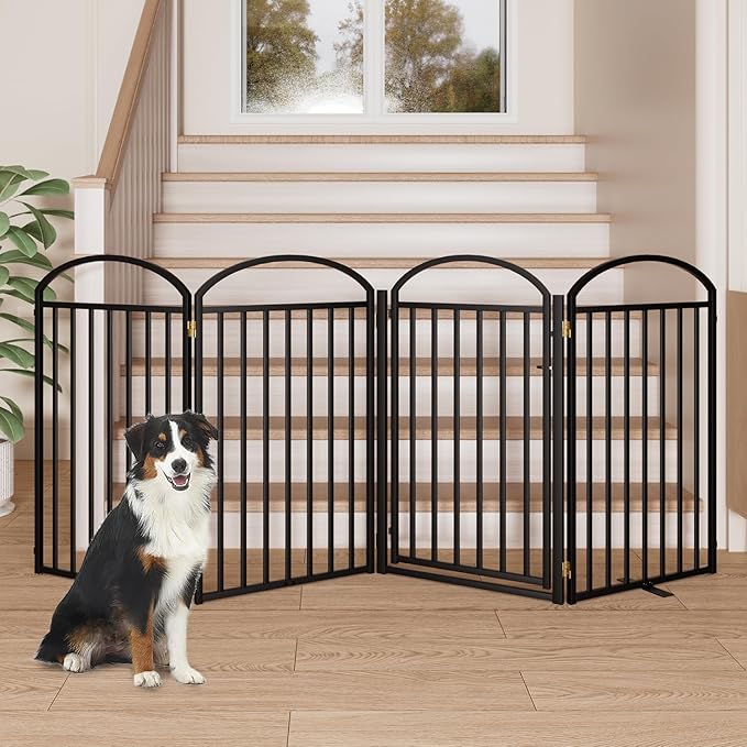4 Panels Full Matel Freestanding Dog Gates with Door, 96"Extra Wide 36"Tall Free Standing Dog Pet Gate for Indoor & Outdoor. Foldable Pet Fences for Doorways, House, Stairs, Porch, Deck, Yard