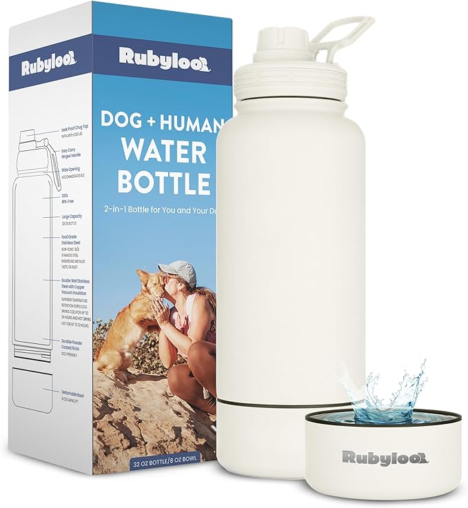 Dog Water Bottle for Dog Lovers - 32 oz Stainless Steel Double Wall Insulated Water Bottle with 8 oz Detachable Bowl on Bottom - Gift for Doggy Lovers for Hiking, Walks, Travel - Cream