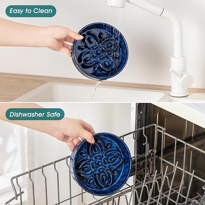 vancasso Ceramic Slow Feeder Dog Bowls, Puzzle Dog Food Bowls with Floral Maze, Anti -Slip Pet Food Dish for Small Breed, 0.6 Cups, Blue