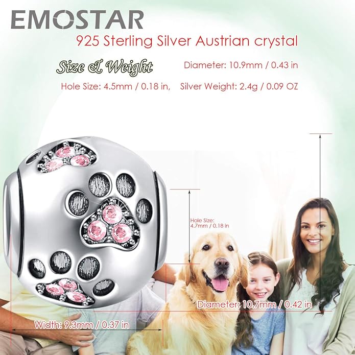 EMOSTAR Dog Paw Print Charms with Various Birthstone Crystals, 925 Sterling Silver Pawprint Beads for 3mm Snake Chain, Pet Lover Gifts for European Women Bracelet