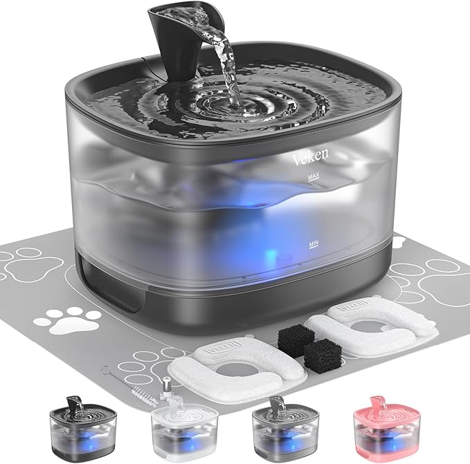 Veken Cat Water Fountain with Detachable Tank, Easy to Clean & Assemble, 84oz/2.5L Automatic Pet Drinking Dispenser with Quiet Operation & LED Light for Cats, Dogs and Small Pets, Black
