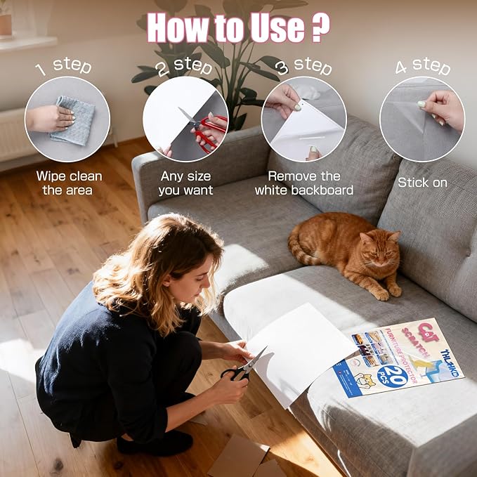 20PCS Cat Scratch Furniture Protector, Couch Protectors Tape from Cats Claws Scratching, Single Sided Clear Sticky Sheets Proof Clawing Sofa Corner Protection Cover Anti Scratch for Furniture