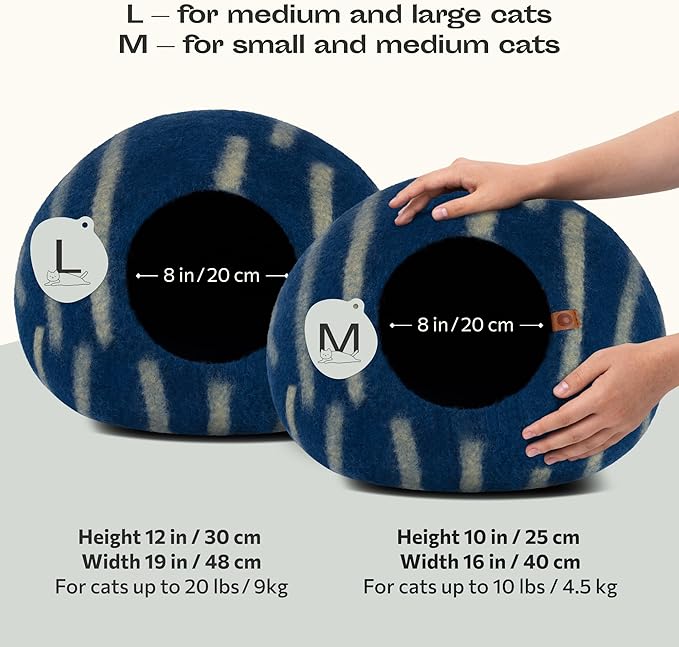 MEOWFIA Cat Cave – Premium Felt Cat Bed for Indoor Cats, Handmade 100% Merino Wool (Vivid Shades) (Large, Deep Azure)