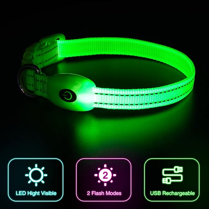 YFbrite Light up Dog Collars, USB Rechargeable LED Dog Collar, Adjustable LED Cat Collar, Durable Flashing Collar for Cats, Puppy, Small, Medium, Large Dogs (Green, XS)