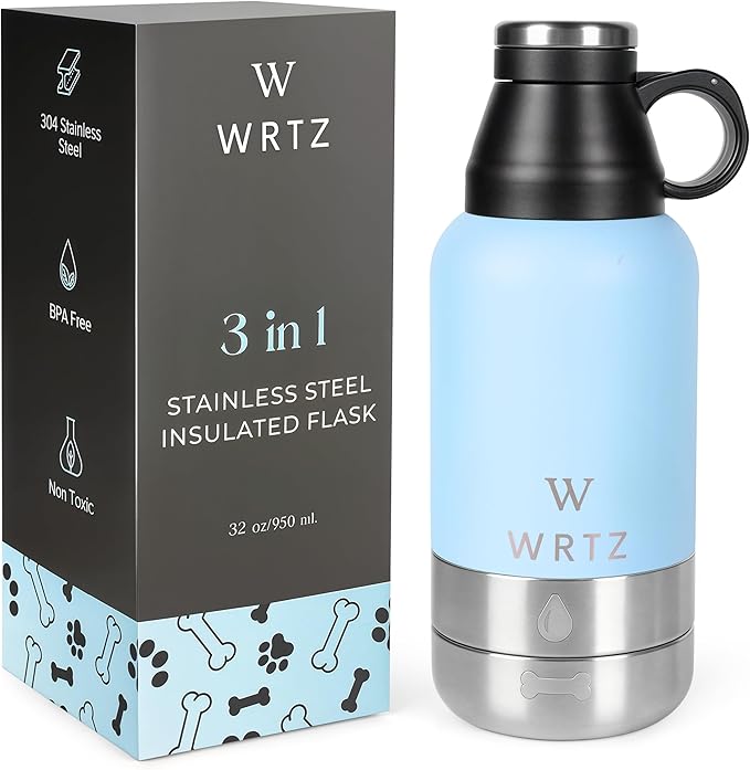 Stainless Steel Insulated Water Bottle with 2 Removable Water Bowls for Dogs – Leak-Proof Portable Dog Water Bottle - Travel Accessories for Dogs - 32oz - Blue