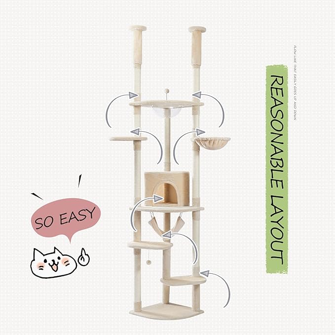 PEQULTI Floor to Ceiling Cat Tree 92.9’’-101.6’’ Height Adjustable Cat Tower Tall Kitty Climbing Play House with Scratching Posts, Cozy Condo, Perches and Large Hammock for Indoor Cats Beige