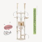 PEQULTI Floor to Ceiling Cat Tree 92.9’’-101.6’’ Height Adjustable Cat Tower Tall Kitty Climbing Play House with Scratching Posts, Cozy Condo, Perches and Large Hammock for Indoor Cats Beige