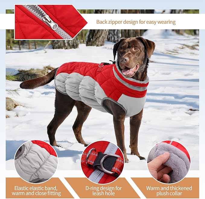 Large Dog Coat, XXLarge Dog Winter Coat, Waterproof Pet Jacket with Back Zipper,Extra Large Pet Coats, Warm Fleece Jacket with D-Ring, Windproof Winter Clothes Golden Retriever,Red,XXL