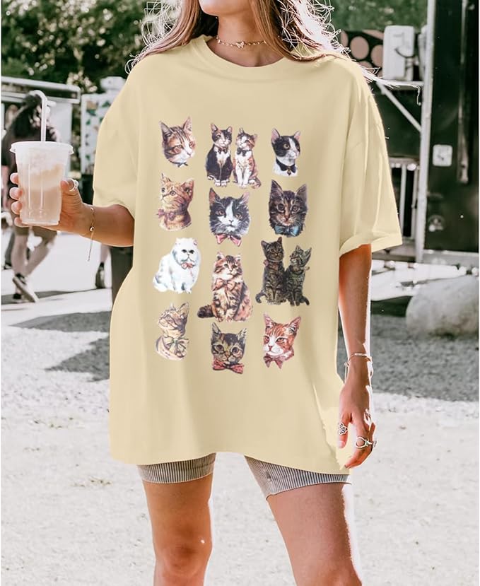 Oversized Cat Shirt Cute Graphic Tees for Women Y2k Funny Tshirts Baggy Aesthetic Shirts Cat Lover Gifts Kawaii Tops