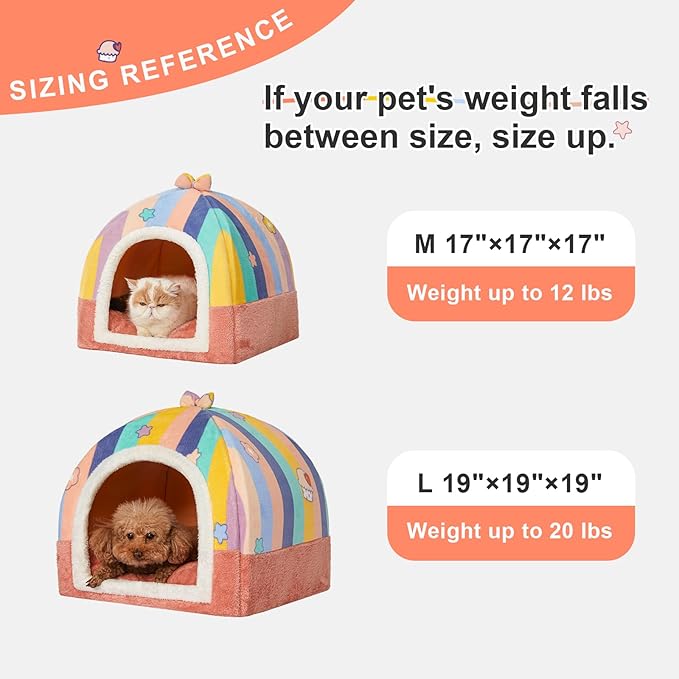 Jiupety Cat Beds for Indoor Cats, Cute Cat House for Cats and Puppy, Cat Cave Bed with Removable Cushion, Large Cat Bed Cat Hideaway Cat Tent, 2-in-1 Pink Cat Bed, M(17" × 17" × 17"), Rainbow.