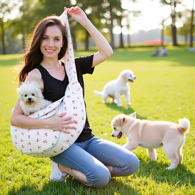 Floral Pet Carrier Sling, Breathable Cotton Dog Purse Carrier, Hand-Free Travel Puppy Purse for Small Dog 5-15 lbs, Cat Sling Chest, Per Mom Dad Gifts(White, Large)