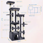 Heybly Heavy Duty Cat Tree, 71-Inch Tall Tower for Large Maine Coon with Extra-Large Baseboard, Cat Condo Furniture with Multi-Level Platforms, 2 Hammocks and 12 Scratching Posts, Smoky Gray HCT037G