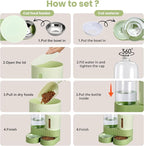 Automatic Dog Cat Water Dispenser Gravity Feeder and Water Dispenser Stainless Steel 2-in-1 Set Large Capacity Dispenser for Pets Dogs, Puppies, Kittens（Green）