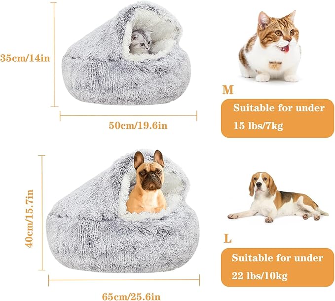 Cat Beds for Indoor Cats,Plush Hooded Cat Cave for Puppy Kitty Small Dog Bed,Removable Washable Non-Slip Bottom Self Warming Round Fluffy Faux Fur Super Soft Calming Sleeping Pet Bed(Gray)