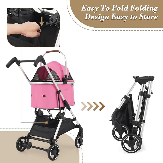 Athena collection Dog Stroller for Small/Medium Dogs,Foldable Pet Stroller with Detachable Carrier,Lightweight Cat Stroller up to 33lbs(Pink)