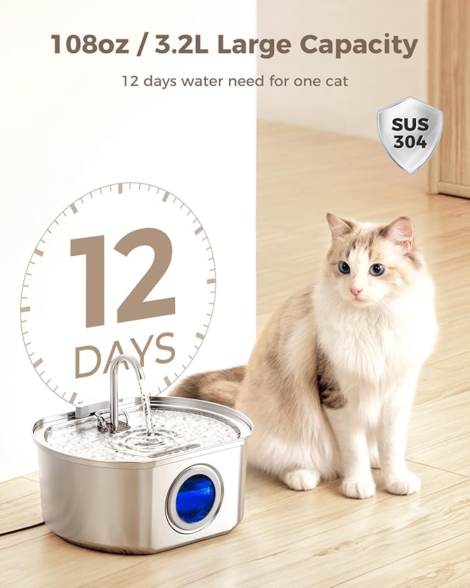 Cat Water Fountain Stainless Steel: 108oz/3.2L Cat Fountain for Drinking- Pet Water Fountain Inside - Automatic Dog Watering Dispenser Bowl - Pet Feeding & Watering Supplies - Water Level Window