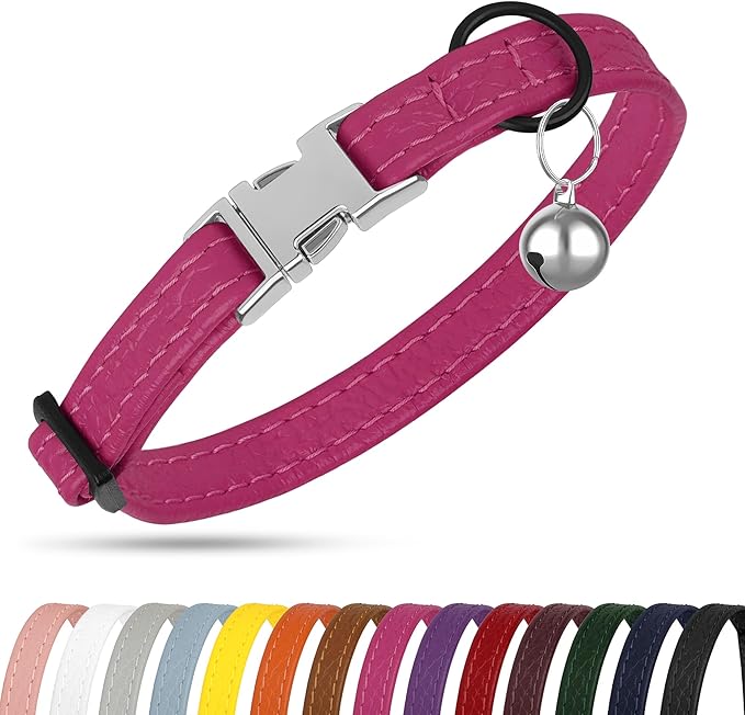 Leather Cat Collar with Buckle and Removable Bell - Non Breakaway Adjustable Soft Safety Small Pet Collars for Girl Boy Cats Kitten (Pink)