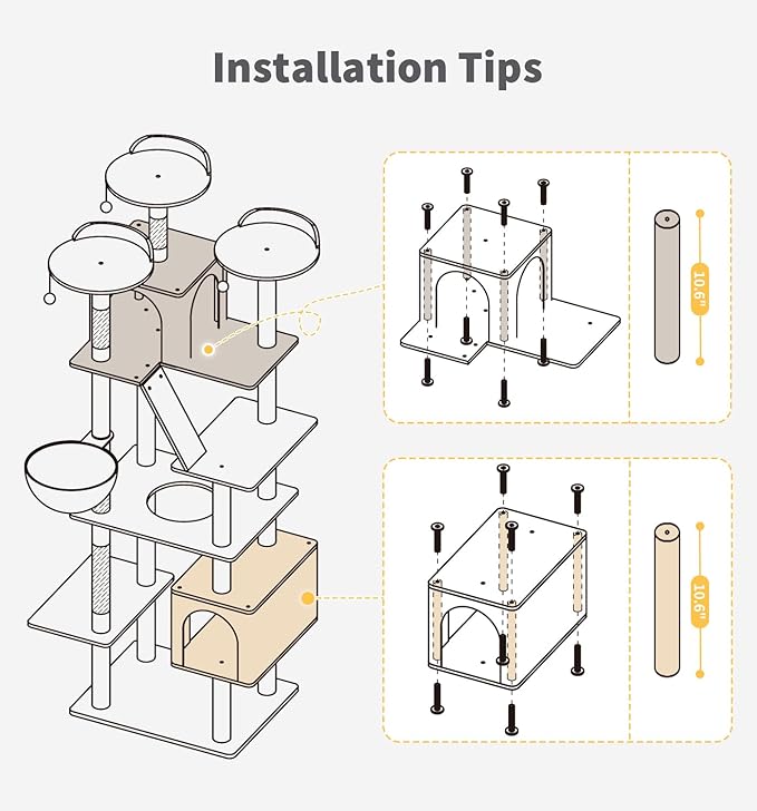 Made4Pets Tall Cat Tree, 80" Cat Tree Tower for Indoor Cats Large Adult, Modern Cat Tower with Scratching Post, Cozy Hammock, 3 Perches and 2 Condos, Sturdy and Fluffy, Light Gray