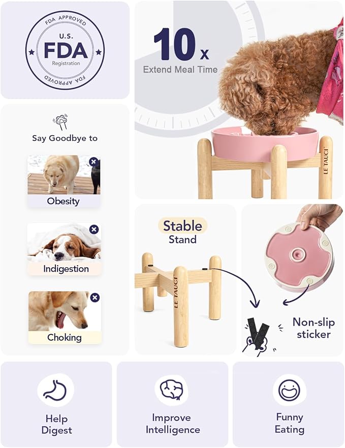 LE TAUCI Ceramic Slow Feed Dog Bowls, Elevated for Small Breeds, Anti-Gulping, Non-Slip, 6 inch, Pink