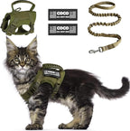 Tactical Cat Harness Escape Proof for Walking with Personalized Patches - Adjustable Cat Harness 8-20lbs Escape Proof - Soft Vest for Large Kitty with Optional Leash (Green)