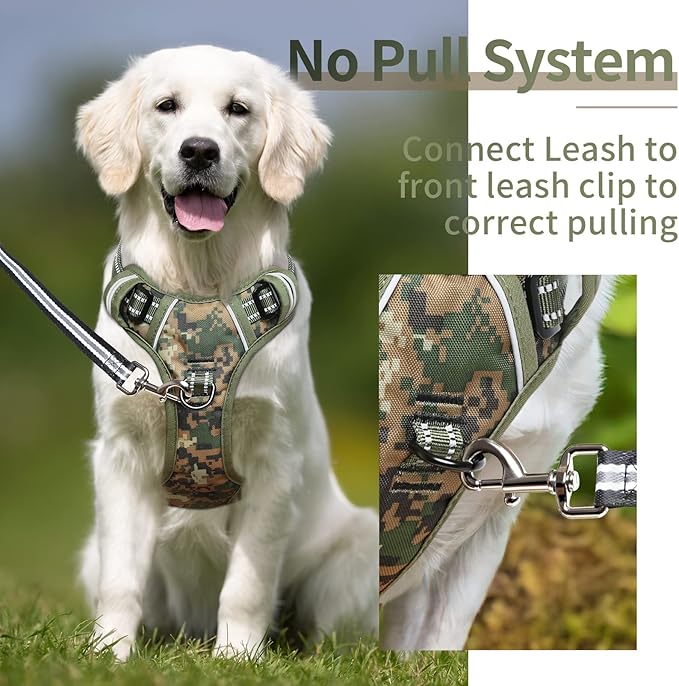 HEELE Dog Harness, No Pull Adjustable Padded Reflective Harness for Small Medium Large Dogs with Handle for Walking Training, Camo Green, XL