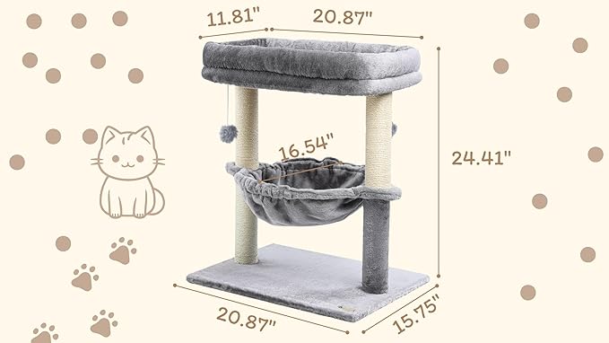 24-inch Cat Tree for Indoor Cats & Kittens – Multi-Level Cat Tower with Hammock & Scratching Post – Sturdy Perch for Large Cats – Space-Saving Small Cat Bed – Light Gray