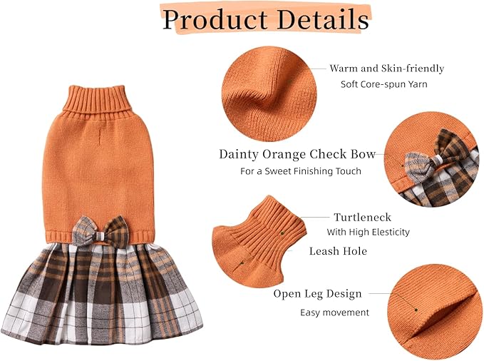 Lanyarco Orange Knitted Thanksgiving Fall Dog Sweater Dress, Dog Sweaters for Small Dogs Girl, Maltese Cat Apparel, Small (S)