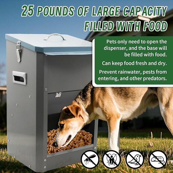 Automatic Dog Feeder with Handle,25 Pounds Large Breed Indoor or Outdoor Auto Dog Food Dispenser Galvanized Gravity Livestock Automatic Feeder