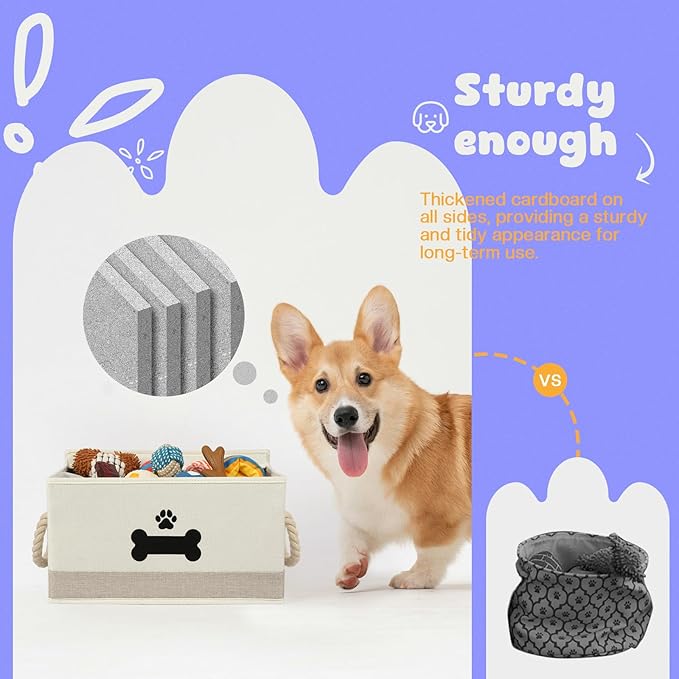 Dog Toy Basket with Lid, Dog Basket for Toys, Dog Toy Box with Cotton Rope Handles, Collapsible Storage Bins for Dog Toys, Dog Storage Organizer, Beige-Gray